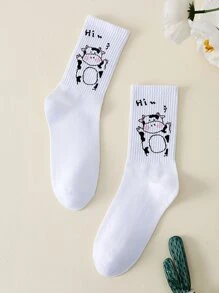 卡通奶牛圖案中筒襪 - 白色 - 查看 1