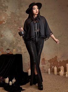 ROMWE Goth Plus Lace Trim Hooded Cape Coat - Black - View 4