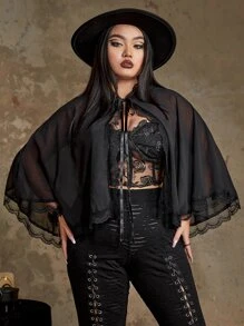 ROMWE Goth Plus Lace Trim Hooded Cape Coat - Black - View 5