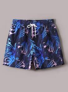 Manfinity Hombres Shorts de natación con estampado de cintura con cordón - Azul Marino - Ver 1