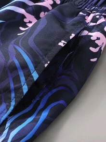 Manfinity Hombres Shorts de natación con estampado de cintura con cordón - Azul Marino - Ver 5