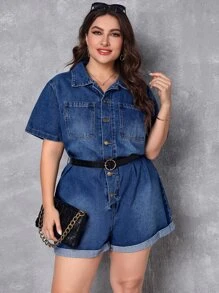 SHEIN Essnce Quần áo denim có kích thước lớn Túi Nút phía trước màu trơn Giải trí - Rửa tối - Xem 1