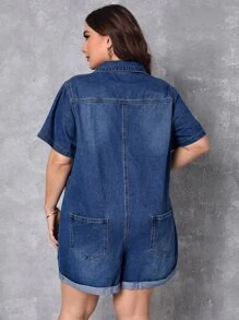 SHEIN Essnce Quần áo denim có kích thước lớn Túi Nút phía trước màu trơn Giải trí - Rửa tối - Xem 2