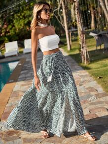 SHEIN VCAY Váy nữ mép Viên lá sen phân lớp Tách cao Thắt nơ trước Họa tiết hoa Boho - Nhiều màu - Xem 4