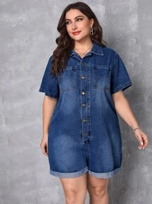 SHEIN Essnce Quần áo denim có kích thước lớn Túi Nút phía trước màu trơn Giải trí - Rửa tối - Xem 6