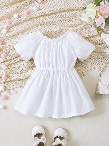 SHEIN 嬰兒貼花褶邊插肩袖連衣裙 - 白色 - 查看 2