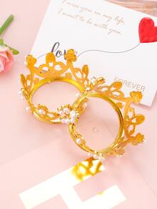 2pcs/set Zinc Alloy Cake Decoration, Creative Crown Design Faux Pearl Decor Cake Card For Party - Gold - View 4