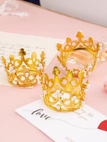 2pcs/set Zinc Alloy Cake Decoration, Creative Crown Design Faux Pearl Decor Cake Card For Party - Gold - View 5