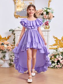 SHEIN Chicas Vestido ribete con fruncido bajo irregular - Morado Violeta - Ver 3