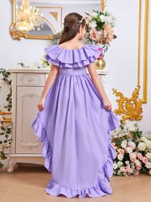 SHEIN Chicas Vestido ribete con fruncido bajo irregular - Morado Violeta - Ver 2