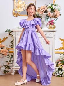 SHEIN Chicas Vestido ribete con fruncido bajo irregular - Morado Violeta - Ver 1