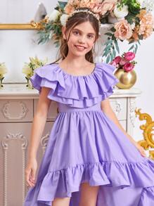 SHEIN Chicas Vestido ribete con fruncido bajo irregular - Morado Violeta - Ver 6