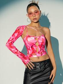 SHEIN ICON 满版印花单肩镂空前短款上衣 - 粉色 - 查看 5