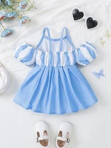 Baby Striped Cold Shoulder Puff Sleeve Dress - Blue - View 2