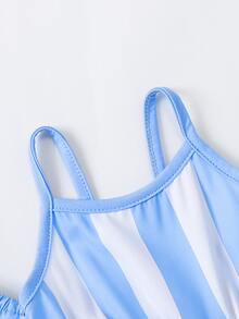 Baby Striped Cold Shoulder Puff Sleeve Dress - Blue - View 3