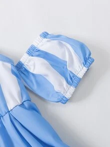 Baby Striped Cold Shoulder Puff Sleeve Dress - Blue - View 4