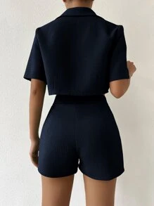 Chiquease de cuello con solapa Cazadora crop & Shorts - Azul Marino - Ver 2