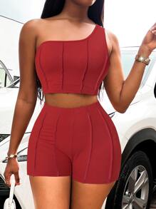 SHEIN Slayr 單肩頂針短款上衣和短褲 - 紅色 - 查看 3