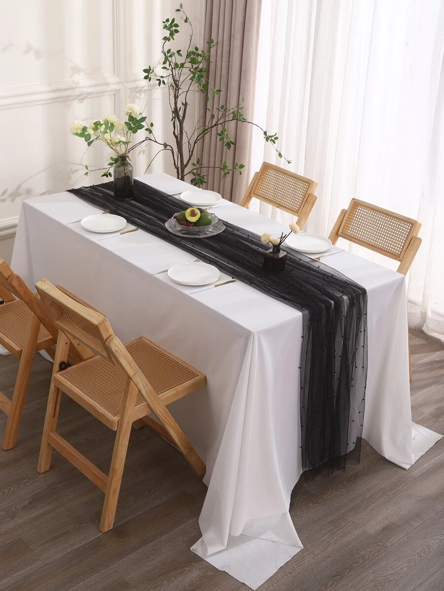 1pc Solid Color Black Tablecloth, Polyester Faux Pearl Design Decorative Table Cover For Dining Table - Black - View 1