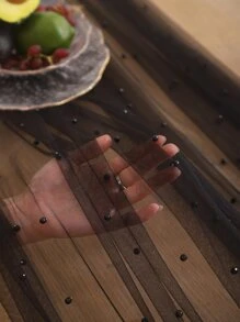 1pc Solid Color Black Tablecloth, Polyester Faux Pearl Design Decorative Table Cover For Dining Table - Black - View 2