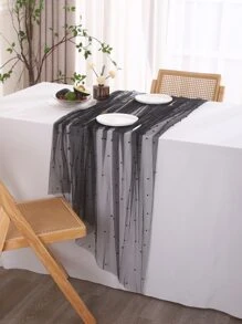 1pc Solid Color Black Tablecloth, Polyester Faux Pearl Design Decorative Table Cover For Dining Table - Black - View 5