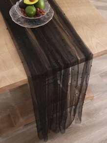 1pc Solid Color Black Tablecloth, Polyester Faux Pearl Design Decorative Table Cover For Dining Table - Black - View 6