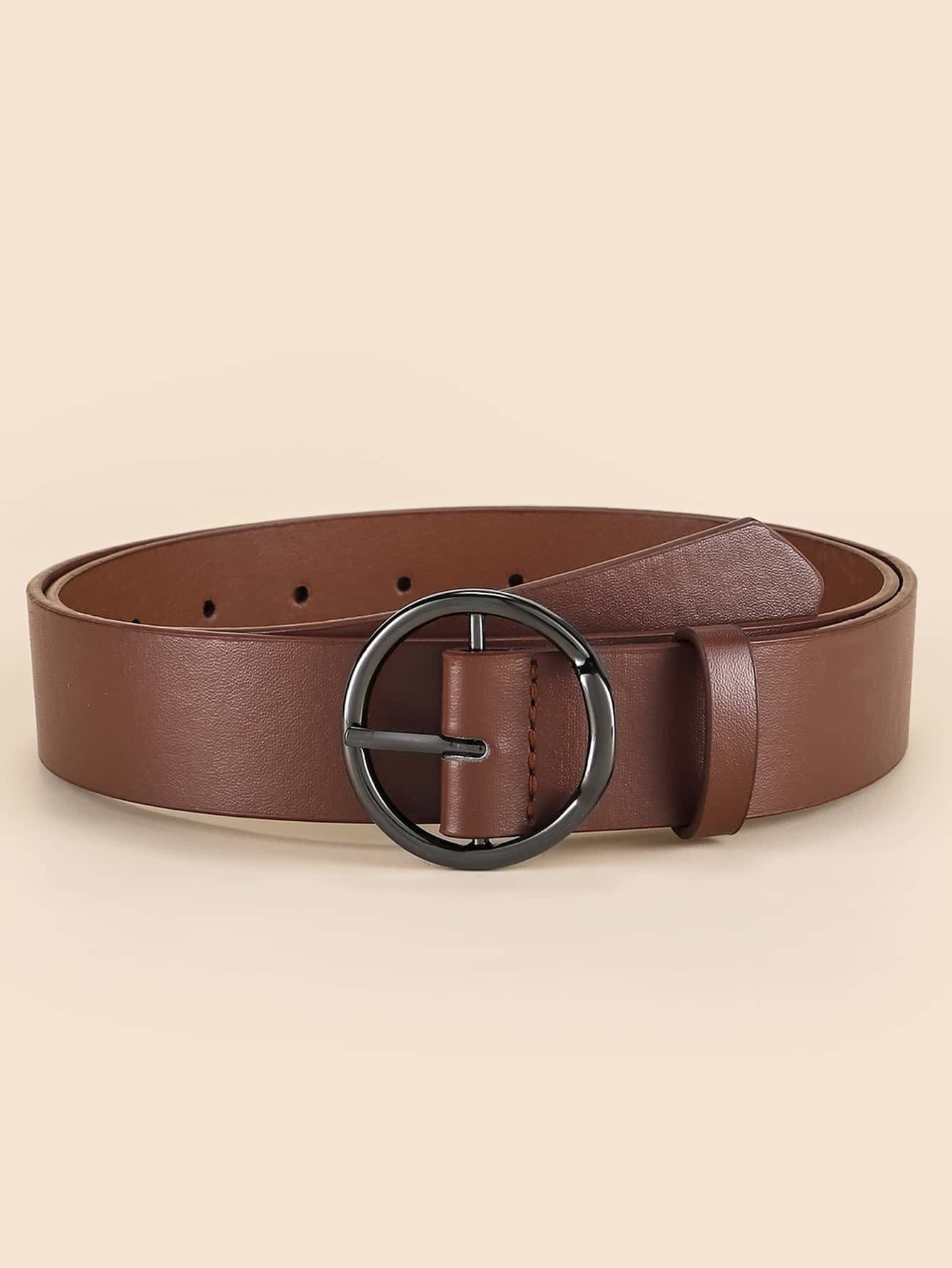 1pc Women Round Buckle Fashion Belt Summer, School Fall, Autumn, Halloween - Coffee Brown - View 1