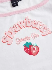 SHEIN MOD Strawberry & Letter Graphic Contrast Binding Crop Tee - White - View 2