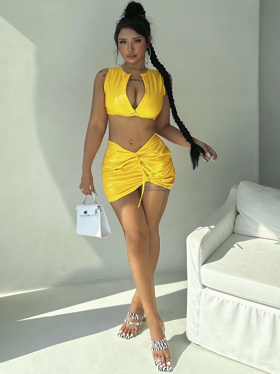 Bộ đồ hai mảnh nữ Cắt ra Dây kéo màu trơn Gợi cảm - Màu vàng - Xem 1