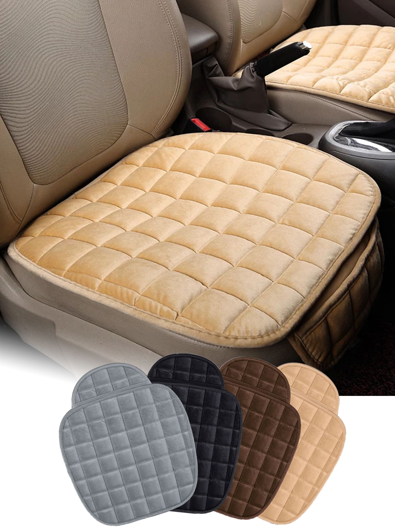 1pc Plaid Embossed Car Front Seat Cushion - Beige - View 1