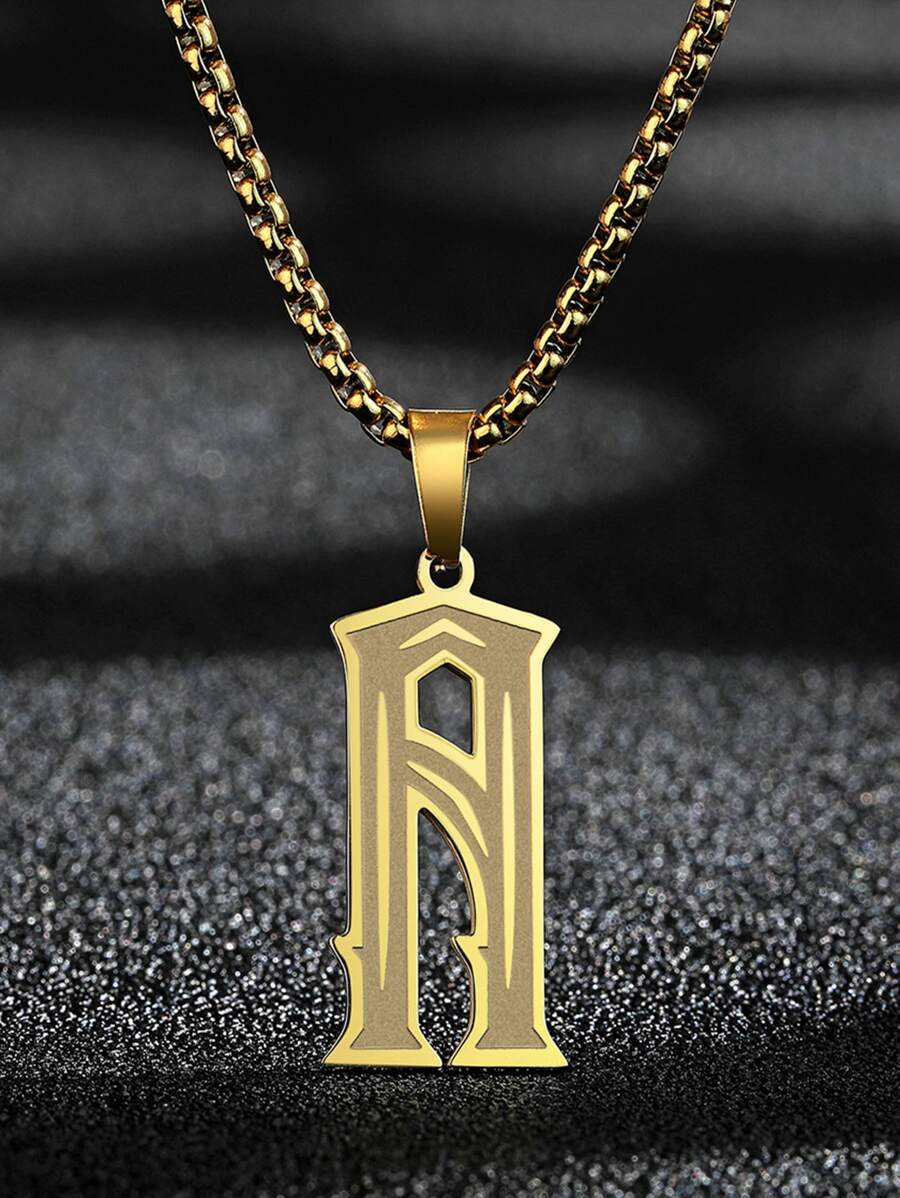 字母裝飾矩形吊墜項鏈 - 金黃色 - 查看 1