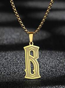 字母裝飾矩形吊墜項鏈 - 金黃色 - 查看 4