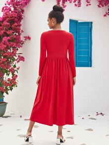 ZIAI 深V領高衩連衣裙 - 紅色 - 查看 2