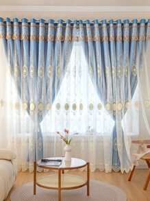 1pc Double Layer Floral Pattern Embroidery Curtain, Modern Polyester Blue Blackout Curtain For Household - Blue - View 1