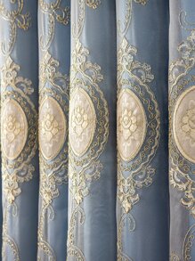 1pc Double Layer Floral Pattern Embroidery Curtain, Modern Polyester Blue Blackout Curtain For Household - Blue - View 2