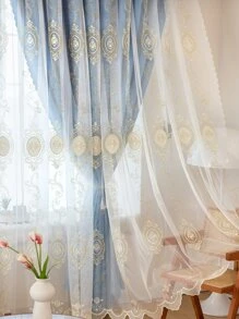 1pc Double Layer Floral Pattern Embroidery Curtain, Modern Polyester Blue Blackout Curtain For Household - Blue - View 4