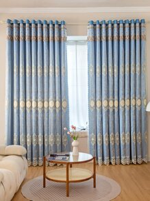 1pc Double Layer Floral Pattern Embroidery Curtain, Modern Polyester Blue Blackout Curtain For Household - Blue - View 5