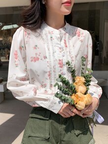 DAZY Camisa con botones y estampado floral, blusa de manga larga con gráfico para ropa de otoño, atuendos de vacaciones para mujer - Albaricoque - Ver 3