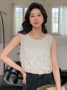 DAZY Solid Round Neck Tank Top - Beige - View 4