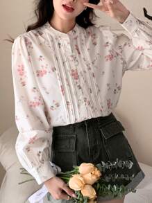 DAZY Camisa con botones y estampado floral, blusa de manga larga con gráfico para ropa de otoño, atuendos de vacaciones para mujer - Albaricoque - Ver 5