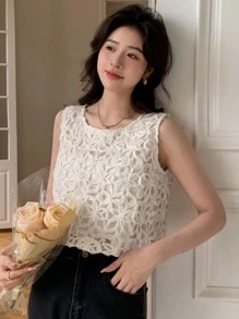 DAZY Solid Round Neck Tank Top - Beige - View 6