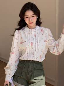 DAZY Camisa con botones y estampado floral, blusa de manga larga con gráfico para ropa de otoño, atuendos de vacaciones para mujer - Albaricoque - Ver 6