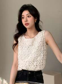 DAZY Solid Round Neck Tank Top - Beige - View 7