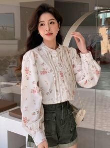 DAZY Camisa con botones y estampado floral, blusa de manga larga con gráfico para ropa de otoño, atuendos de vacaciones para mujer - Albaricoque - Ver 7