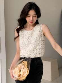 DAZY Solid Round Neck Tank Top - Beige - View 8