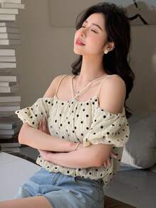 DAZY 波卡圓點挖肩襯衫 - 米色 - 查看 4