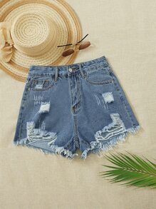 Breezaya Ripped Raw Hem Denim Shorts - Medium Wash - View 1