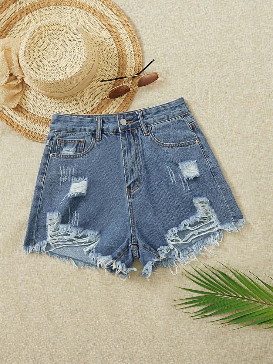 Breezaya Ripped Raw Hem Denim Shorts - Medium Wash - View 1