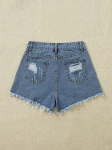 Breezaya Ripped Raw Hem Denim Shorts - Medium Wash - View 2