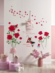 1 pièce Autocollant mural en PVC, décoration murale créative avec motif rose et papillon pour la maison, autocollants, décoration murale, décalque en vinyle pour les décorations de la maison, articles de décoration printanière pour rafraîchir votre maison, autocollants de décoration Rama